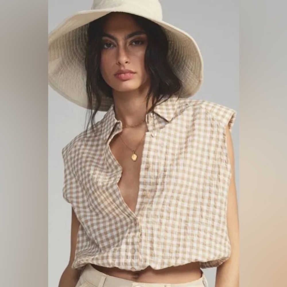 Anthropologie Beige and White Gingham Sleeveless Button-Down Shirt